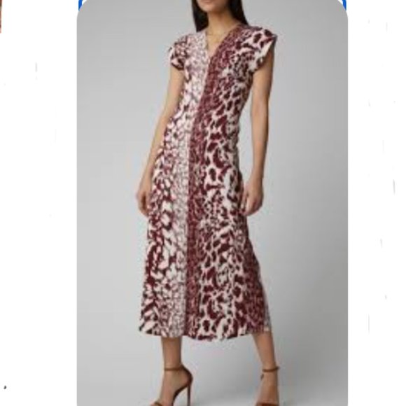 NWOT Victoria Beckham Midi Dress Womens 6 42 IT Maroon White V-Neck $2150 Print